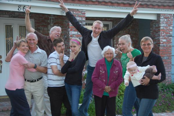 The whole silly gang.
L-to-R: Nana (MIL), Boppa (FIL), me, Joe (SIL), Anna (daughter), Nathan (son), Grandma (FIL's mother), Noelle (daughter), Hayley